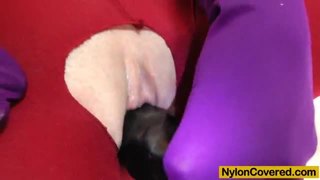 Brunette covered in nylons masturbates in addition to sex toy